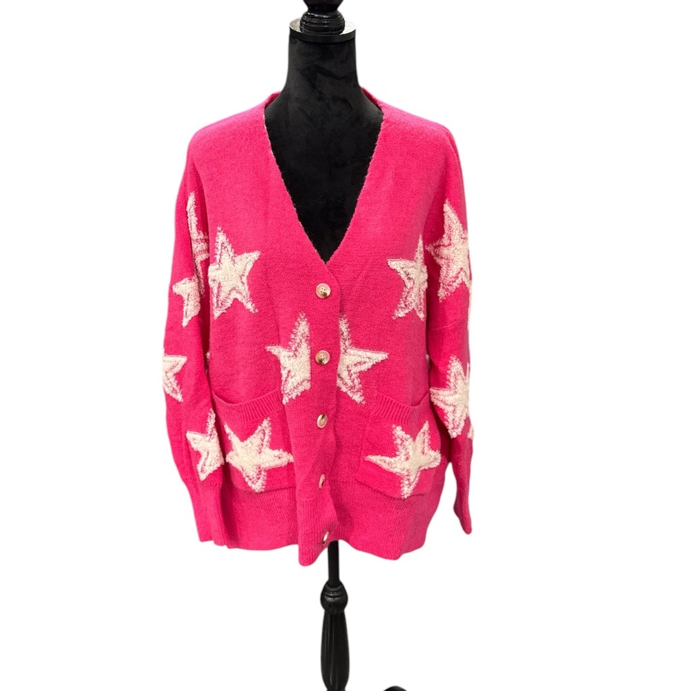 Fuchsia Star-Pattern V-Neck Cardigan Sweater
